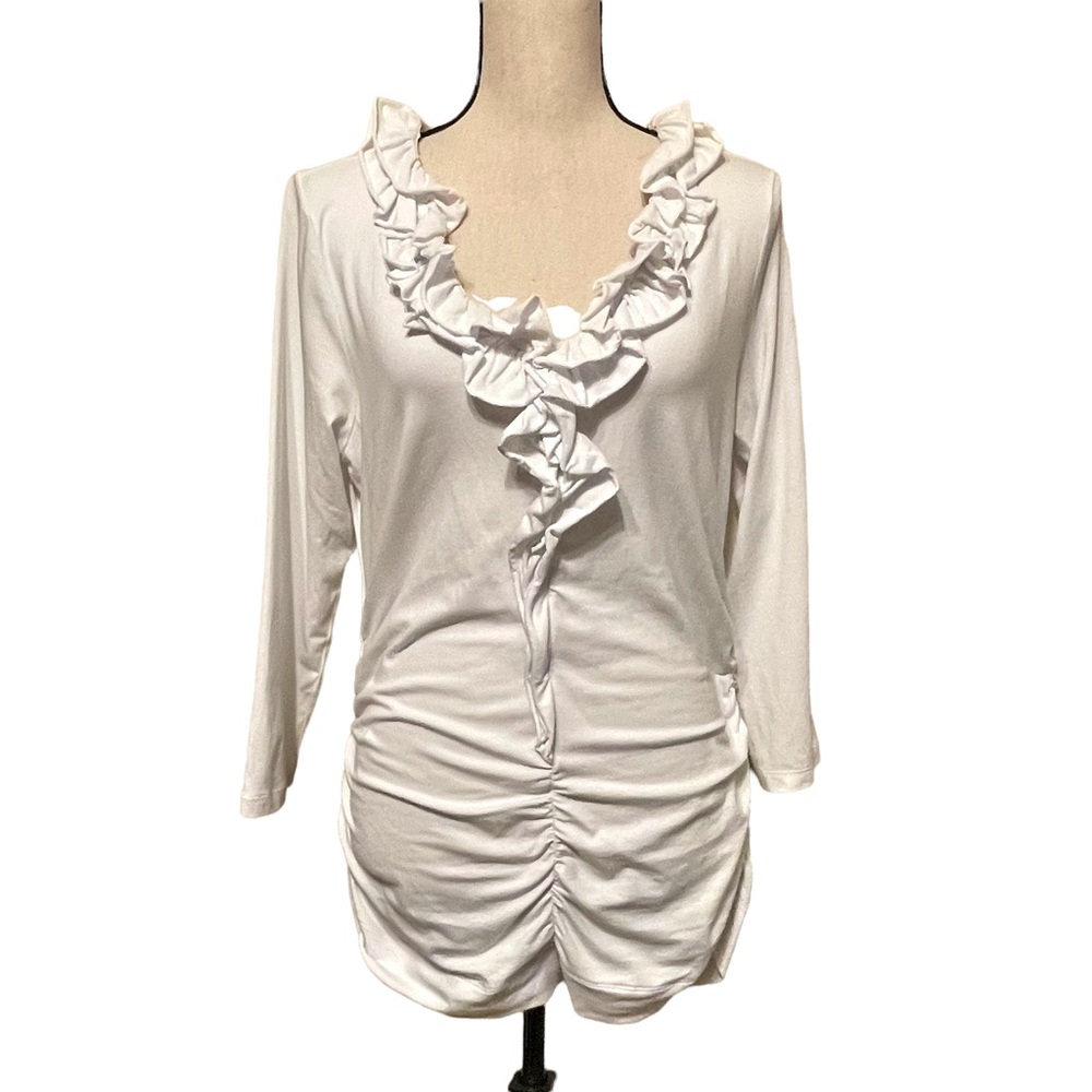 CAbi Style 862 White V-Neck Ruffle Ruched Shirt Blouse